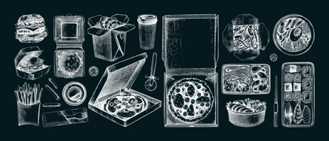Fast food sketches set. Hand-drawn vector illustration of burger, pizza, poke, sushi, noodles. Cardboard boxes, bags for takeaway food, paper, plastic containers for food delivery. On chalkboard